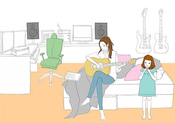 PSD 우먼라이프 라이프스타일 여자 어린이 악기 쿠션 연주 의자 일러스트 모녀 실내 사람 성인 두명 노트북 소파 음악가 기타 책상 오디오 기타리스트 여자만 국내일러스트 직업 딸 음악 가구 가족 엄마 현악기 내부 생활 전자제품 연주자 파일형식