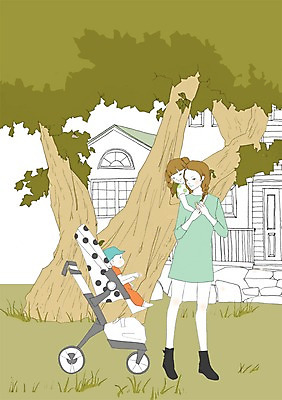 주간 PSD 우먼라이프 라이프스타일 여자 남자 딸 아들 어린이 일러스트 가족 엄마 사람 성인 야외 세명 산책 자녀 아기 유모차 집앞 국내일러스트 자연요소 관계 휴식 생활 아기용품 파일형식