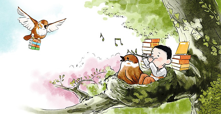 주간 PSD 나무 식물 남자 어린이 음악 백그라운드 연주 일러스트 수채화 한명 사람 야외 책 희망 둥지 피리 참새 남자만 남자한명만 어린이만 소년만 소년한명만 국내일러스트 자연요소 1 감정 조류 문화예술 목관악기 파일형식