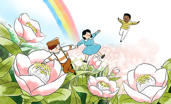 주간 PSD 식물 여자 남자 꽃 어린이 백그라운드 무지개 일러스트 놀이 수채화 사람 야외 세명 희망 다문화 어린이만 국내일러스트 자연요소 감정 사회이슈 파일형식