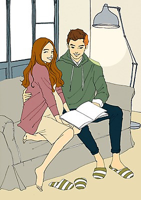 PSD 부부 여자 남자 거실 일러스트 창문 슬리퍼 함께함 실내 사람 성인 두명 책 소파 화목 임산부 임신 스탠드 태교 아트툰 국내일러스트 커플 신발 컨셉 의자 조명 내부 그림 파일형식