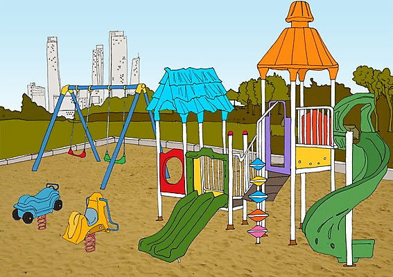 주간 PSD 나무 식물 공원 모래 백그라운드 일러스트 함께함 빌딩 사람없음 야외 화목 미끄럼틀 놀이터 그네 아트툰 국내일러스트 자연요소 공공시설 컨셉 놀이 건물 놀이기구 그림 파일형식