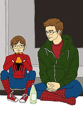 PSD 옷 남자 아들 음료 어린이 일러스트 가족 놀이 함께함 사람 성인 두명 화목 아빠 병 부자지간 아트툰 남자만 국내일러스트 식기 컨셉 관계 그림 파일형식