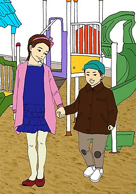 주간 PSD 여자 남자 어린이 일러스트 가족 놀이 함께함 남매 사람 야외 두명 손잡기 화목 놀이터 아트툰 어린이만 국내일러스트 자연요소 컨셉 관계 모션 그림 파일형식