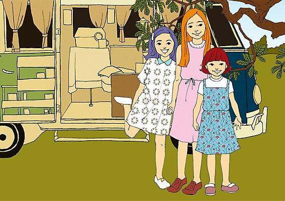 주간 PSD 나무 식물 여자 어린이 일러스트 가족 함께함 사람 야외 세명 야외활동 화목 캠핑 자매 캠핑카 아트툰 여자만 어린이만 국내일러스트 자연요소 컨셉 관계 자동차 레저 그림 파일형식