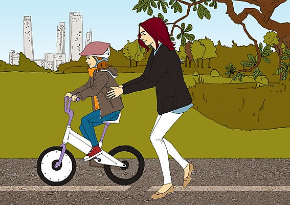 주간 PSD 나무 식물 공원 여자 딸 일러스트 가족 놀이 모녀 엄마 함께함 사람 야외 두명 자전거 화목 헬멧 아트툰 여자만 국내일러스트 자연요소 공공시설 컨셉 관계 바이크 보호장비 그림 파일형식