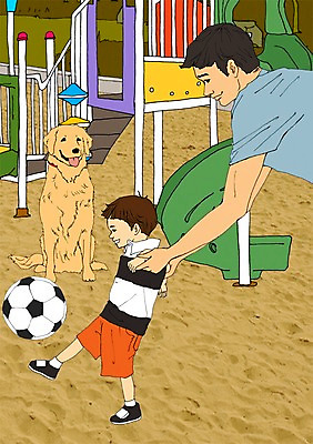주간 PSD 한마리 남자 아들 어린이 스포츠 일러스트 공 가족 놀이 함께함 사람 성인 야외 두명 반려동물 운동 축구 화목 아빠 강아지 놀이터 부자지간 아트툰 남자만 국내일러스트 자연요소 동물 1 컨셉 관계 건강 구기 개 그림 파일형식