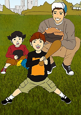 주간 PSD 식물 공원 여자 남자 어린이 스포츠 일러스트 가족 놀이 함께함 사람 잔디 성인 야외 세명 운동 야외활동 화목 야구 방망이 글로브 야구글러브 아트툰 국내일러스트 자연요소 공공시설 컨셉 관계 건강 구기 글러브 그림 파일형식