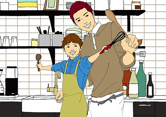 PSD 남자 아들 어린이 일러스트 가족 주방용품 함께함 실내 요리 사람 성인 두명 주방 앞치마 화목 아빠 부자지간 아트툰 남자만 국내일러스트 생활용품 컨셉 관계 내부 그림 파일형식