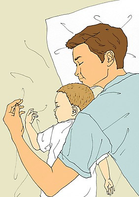 PSD 남자 아들 엎드리기 일러스트 가족 베개 함께함 사람 성인 두명 화목 이불 아기 잠 아빠 아트툰 남자만 국내일러스트 컨셉 관계 침구 모션 그림 파일형식