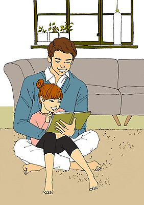 PSD 여자 남자 딸 어린이 거실 일러스트 창문 가족 함께함 실내 사람 성인 책 소파 독서 화목 방 아빠 아트툰 국내일러스트 컨셉 의자 관계 내부 그림 파일형식