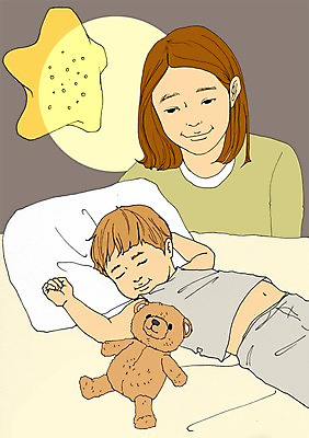 PSD 여자 남자 별 아들 어린이 일러스트 가족 베개 엄마 함께함 실내 사람 성인 화목 곰인형 방 침대 잠 아트툰 국내일러스트 모자관계 자연요소 인형 가구 컨셉 관계 침구 내부 그림 파일형식