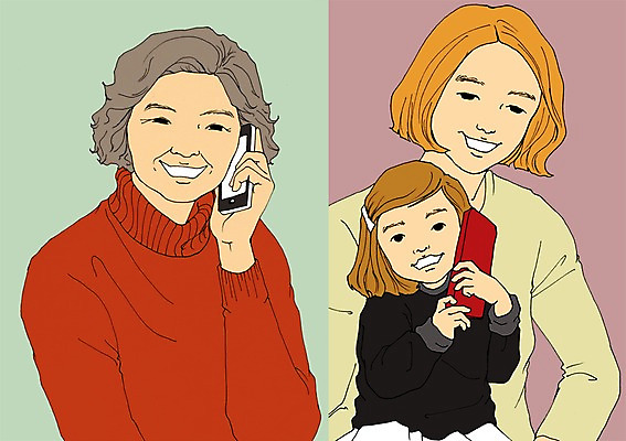 PSD 여자 노년 할머니 어린이 일러스트 가족 엄마 손녀 함께함 사람 성인 세명 화목 통화 아트툰 여자만 국내일러스트 컨셉 관계 모션 손주 그림 파일형식