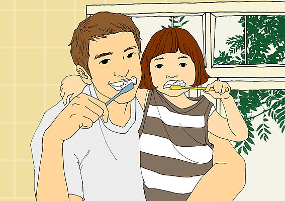 PSD 여자 남자 딸 어린이 일러스트 창문 가족 안기 함께함 실내 사람 성인 화목 거품 욕실 양치 아빠 칫솔 아트툰 국내일러스트 컨셉 관계 모션 내부 위생용품 청결 그림 파일형식