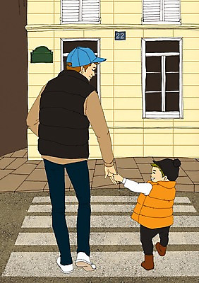 주간 PSD 남자 아들 어린이 일러스트 가족 출입구 함께함 사람 성인 야외 건물 소풍 손잡기 화목 아빠 횡단보도 외출 스쿨존 부자지간 아트툰 남자만 국내일러스트 자연요소 건축물 컨셉 관계 모션 야외활동 보행로 그림 파일형식