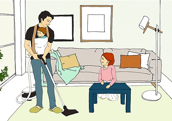 PSD 여자 남자 딸 액자 가사 거실 일러스트 창문 가족 탁자 함께함 실내 사람 성인 소파 화목 방 스탠드 아기 아빠 청소 청소기 포대기 아트툰 국내일러스트 가구 컨셉 의자 관계 조명 내부 전자제품 아기용품 청소도구 그림 파일형식