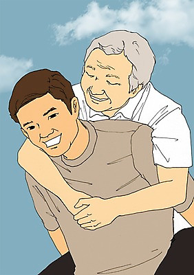 주간 PSD 구름 노년 남자 아들 일러스트 가족 함께함 사람 성인 야외 두명 화목 아빠 업기 부자지간 아트툰 성인남자만 노인만 노인남자만 국내일러스트 자연요소 컨셉 관계 모션 그림 남자만 성인만 파일형식