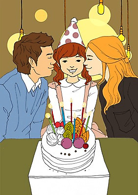 PSD 여자 남자 딸 어린이 일러스트 전구 가족 엄마 키스 함께함 실내 사람 성인 세명 케이크 화목 고깔모자 축하 생일파티 생일 아빠 아트툰 국내일러스트 모자_잡화 기념일 컨셉 관계 디저트 내부 애정표현 그림 파일형식