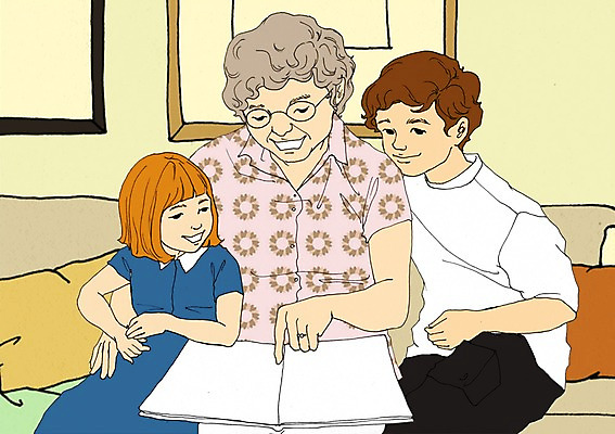 PSD 응시 여자 노년 남자 할머니 어린이 액자 일러스트 가족 손자 손녀 함께함 실내 사람 책 세명 소파 독서 화목 방 아트툰 국내일러스트 시선 컨셉 의자 관계 성인 내부 손주 그림 파일형식