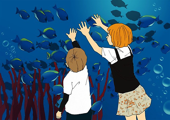 PSD 여자 남자 어린이 여러마리 일러스트 가족 함께함 어류 사람 두명 화목 구경 관람 아쿠아리움 아트툰 어린이만 국내일러스트 다수 컨셉 관계 수중동물 그림 수족관 파일형식