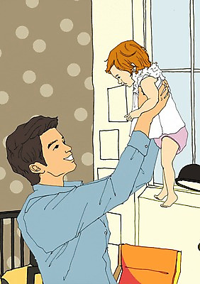 PSD 여자 남자 딸 일러스트 가족 함께함 실내 들기 사람 성인 화목 방 침대 아기 아빠 아트툰 국내일러스트 가구 컨셉 관계 모션 내부 그림 파일형식