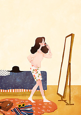 PSD 우먼라이프 옷 여자 패션 일러스트 한명 사람 성인 라이프 뷰티 거울 립스틱 침대 치장 국내일러스트 1 라이프스타일 가구 생활 화장품 파일형식