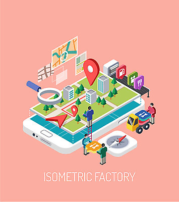 남자 지도 일러스트 공장 돋보기 사람 빌딩 여러명 성인 스마트폰 나침반 분석 위치 길찾기 네비게이션 과정 아이소메트릭 남자만 성인남자만 성인만 국내일러스트 AI파일 다수 컨셉 공업 건물 핸드폰 스마트기기 파일형식 벡터