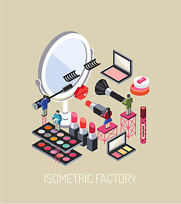여자 남자 일러스트 공장 사람 여러명 성인 화장 화장품 거울 립스틱 붓 속눈썹 볼터치 분석 마스카라 아이섀도 과정 아이소메트릭 성인만 국내일러스트 AI파일 다수 컨셉 공업 뷰티 눈썹 파일형식 벡터