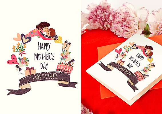 PSD 여자 남자 리본 어린이 꽃다발 일러스트 캘리그라피 포옹 엄마 수채화 프레임 선물 사랑 사람 이벤트 소년 성인 케이크 풍선 활용 목업 국내일러스트 꽃 감정 컨셉 가족 안기 디저트 파일형식