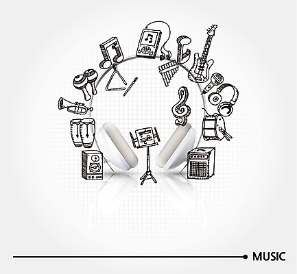 악기 음악 연주 음표 일러스트 종류 사람없음 헤드셋 스피커 기타 MP3 악보 마이크 드럼 트럼펫 국내일러스트 AI파일 기호 음향기기 현악기 문화예술 타악기 전자제품 헤드폰 금관악기 파일형식 벡터