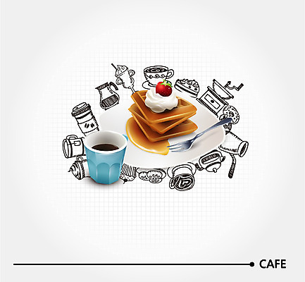 커피 음식 일러스트 딸기 디저트 사람없음 컵 케이크 카페 생크림 와플 국내일러스트 AI파일 식기 음료 과일 상점 크림 파일형식 벡터