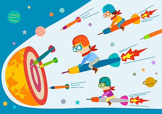 별 지구 컬러 일러스트 사람 세명 컬러풀 우주 행성 로켓 플랫 목표 다트 국내일러스트 AI파일 자연요소 컨셉 게임 파일형식 벡터