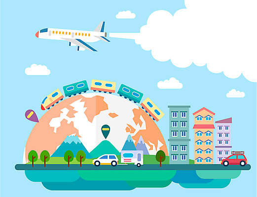 나무 식물 구름 지구 컬러 여행 일러스트 자동차 하늘 산 비행기 사람없음 건물 컬러풀 기차 도시 세계여행 플랫 국내일러스트 AI파일 자연요소 건축물 육상교통 항공교통 대중교통 세계 파일형식 벡터