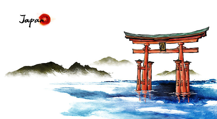 PSD 문화 여행 캘리배경 백그라운드 일러스트 캘리그라피 유적지 산 수묵화 풍경 사람없음 관광지 강 일본 동양화 토리이 미야지마신사 국내일러스트 아시아 고건축 미술 신사_건축물 파일형식