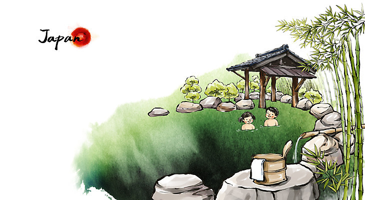 PSD 여자 남자 문화 어린이 여행 캘리배경 백그라운드 고건축 일러스트 캘리그라피 지붕 수묵화 사람 풍경 소녀 소년 두명 관광지 일본 온천 목욕 돌_바위 바위 대나무 동양화 바가지 어린이만 국내일러스트 나무 건축물 아시아 미술 스파 청결 파일형식