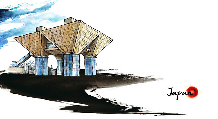 PSD 문화 여행 백그라운드 일러스트 캘리그라피 수묵화 풍경 빌딩 사람없음 건물 관광지 일본 도쿄 동양화 랜드마크 도쿄빅사이트 국내일러스트 건축물 아시아 미술 파일형식