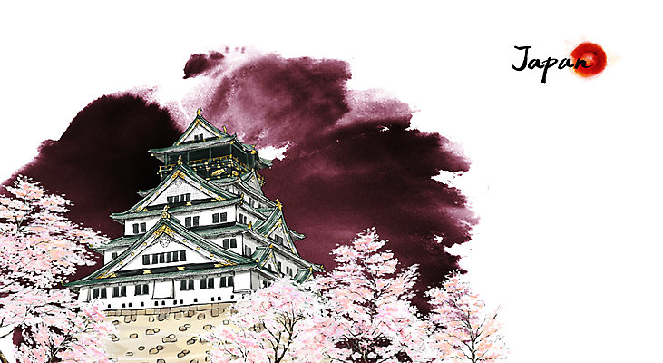 PSD 식물 계절 문화 여행 캘리배경 백그라운드 일러스트 캘리그라피 유적지 수묵화 풍경 사람없음 관광지 일본 봄 벚꽃 동양화 오사카성 봄배경 국내일러스트 꽃 아시아 고건축 미술 파일형식