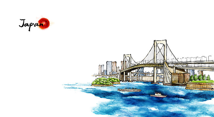 PSD 문화 여행 백그라운드 일러스트 캘리그라피 수묵화 풍경 사람없음 관광지 강 일본 동양화 오다이바 레인보우브릿지 가교 선박 국내일러스트 건축물 아시아 수상교통 미술 도쿄 파일형식