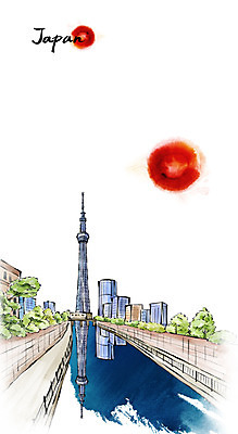 PSD 문화 여행 캘리배경 백그라운드 일러스트 캘리그라피 유적지 수묵화 풍경 빌딩 사람없음 관광지 강 태양 일본 동양화 전망대 스카이트리 국내일러스트 자연요소 아시아 고건축 미술 건물 탑 도쿄 파일형식