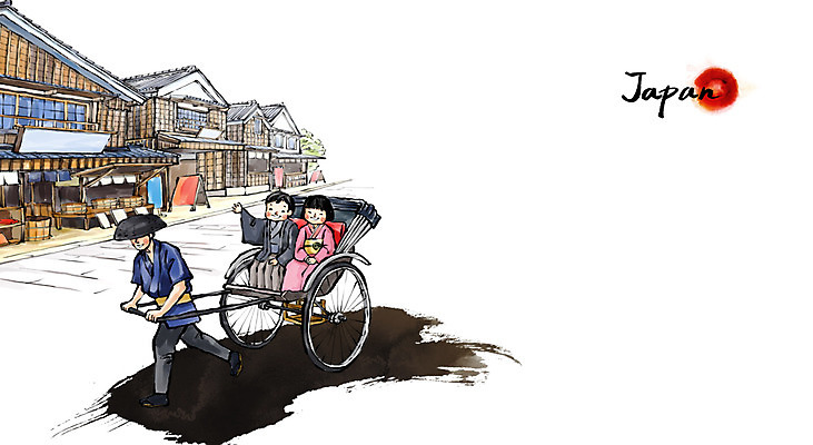 PSD 여자 남자 문화 어린이 여행 백그라운드 일러스트 캘리그라피 유적지 수묵화 사람 풍경 소녀 소년 성인 세명 관광지 일본 동양화 인력거 국내일러스트 아시아 고건축 미술 파일형식