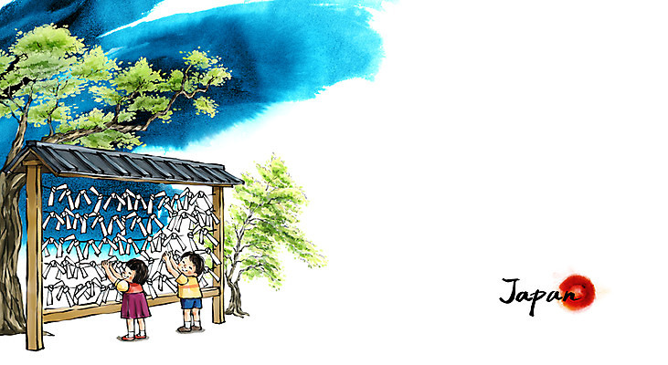 PSD 나무 여자 남자 문화 어린이 여행 백그라운드 일러스트 캘리그라피 유적지 수묵화 사람 풍경 소녀 소년 두명 관광지 일본 동양화 오미쿠지 어린이만 국내일러스트 식물 아시아 고건축 미술 파일형식