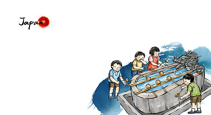 PSD 여자 남자 문화 어린이 여행 백그라운드 일러스트 캘리그라피 수묵화 사람 풍경 소녀 소년 여러명 일본 동양화 바가지 손씻기 약수터 어린이만 코로나바이러스 국내일러스트 아시아 다수 미술 바이러스 씻기 파일형식