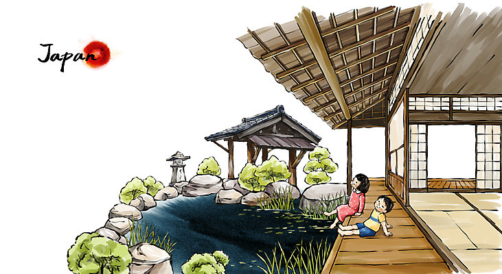 PSD 여자 남자 문화 어린이 여행 백그라운드 일러스트 캘리그라피 휴식 수묵화 사람 풍경 소녀 소년 두명 일본 돌_바위 바위 연못 동양화 다다미방 전통집 어린이만 국내일러스트 아시아 컨셉 주택 미술 파일형식