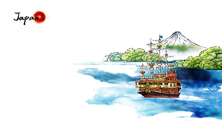 PSD 호수 여행 캘리배경 백그라운드 일러스트 캘리그라피 수묵화 풍경 사람없음 관광지 강 일본 유람선 동양화 후지산 국내일러스트 아시아 배_교통 산 미술 세계문화유산 파일형식