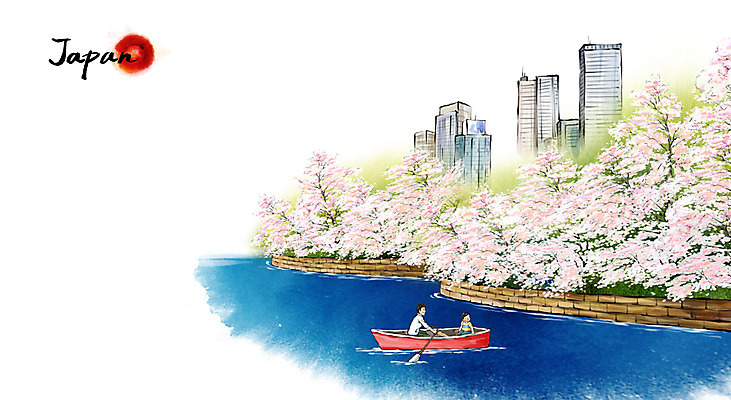 PSD 계절 남자 어린이 여행 백그라운드 일러스트 캘리그라피 수묵화 사람 풍경 빌딩 소년 성인 두명 강 일본 봄 벚꽃 도심 도쿄 동양화 선박 남자만 봄배경 국내일러스트 꽃 아시아 수상교통 미술 건물 도시 파일형식