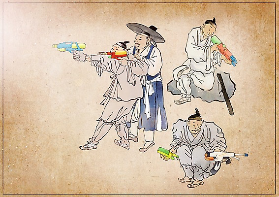 PSD 한국전통 남자 백그라운드 컨셉 일러스트 사람 여러명 성인 돌_바위 바위 변화 한복 연습 그림 과거 현대문화 물총 물총싸움 풍속화 성인남자만 국내일러스트 갓모자 모자_잡화 전통 문화 다수 전통소품 한국 전통의상 싸움 남자만 성인만 파일형식