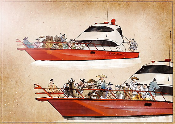 PSD 한국전통 여자 남자 바다 백그라운드 이동 컨셉 요트 일러스트 사람 여러명 성인 변화 유람선 그림 과거 현대문화 풍속화 선박 성인만 국내일러스트 전통 문화 다수 수상교통 배_교통 한국 파일형식