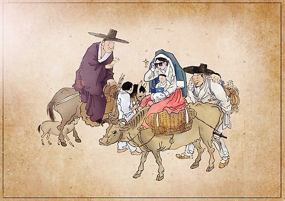 PSD 동물 한국전통 여자 남자 어린이 백그라운드 이동 컨셉 일러스트 사람 여러명 성인 책 스마트폰 선글라스 말_동물 소 변화 한복 그림 과거 현대문화 풍속화 국내일러스트 갓모자 모자_잡화 전통 문화 안경 다수 포유류 전통소품 한국 핸드폰 스마트기기 전통의상 파일형식