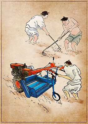 PSD 한국전통 남자 백그라운드 컨셉 일러스트 사람 성인 야외 세명 농경지 농사 변화 농부 한복 농기구 그림 과거 현대문화 갈고리 풍속화 성인남자만 국내일러스트 직업 전통 문화 농업 한국 농장 전통의상 남자만 성인만 파일형식