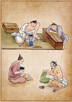 PSD 한국전통 남자 백그라운드 컨셉 일러스트 사람 여러명 성인 책 태블릿 헤드폰 음악감상 작업 변화 제조 믹서 그림 과거 현대문화 풍속화 성인남자만 국내일러스트 전통 문화 음향기기 다수 한국 전자제품 스마트기기 감상 남자만 성인만 파일형식